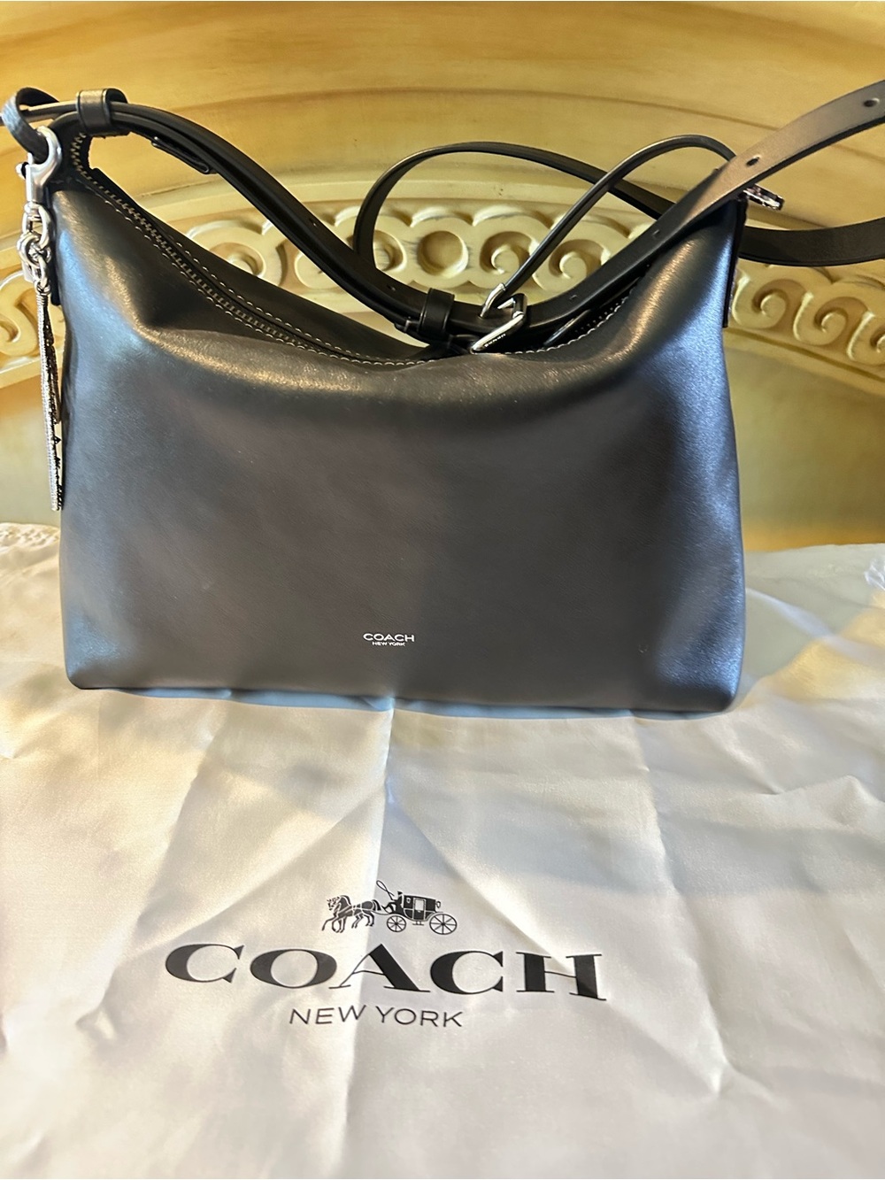 Coach Black Mott Messenger with all metal feather coach key chain/ charm